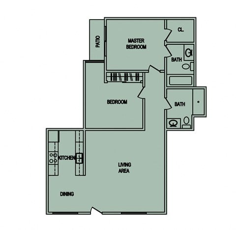 Floor plan for 2 beds, 2 baths, 950 sqft