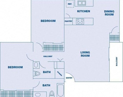 Floor plan for 2 beds, 2 baths, 925 sqft