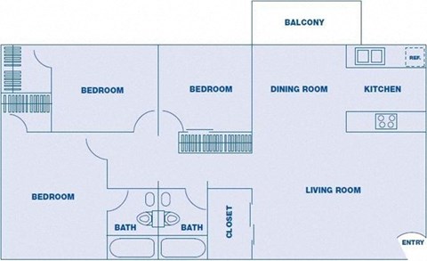 Floor plan for 3 beds, 2 baths, 1050 sqft