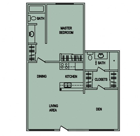 Floor plan for 1 bed, 1.8 baths, 750 sqft