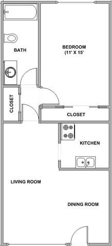 Floor plan for 1 bed, 1 bath, 625 sqft