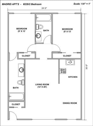 Floor plan for 2 beds, 2 baths, 840 sqft