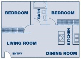 Floor plan for 2 beds, 1 bath, 995 sqft