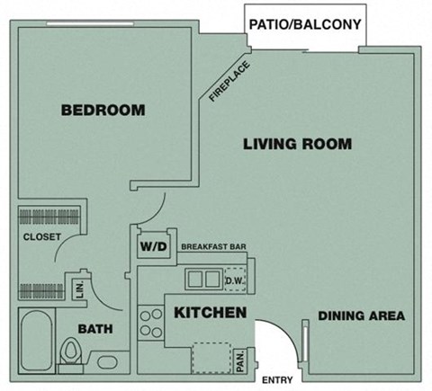 Floor plan for 1 bed, 1 bath, 715 sqft