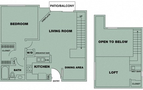 Floor plan for 1 bed, 1 bath, 870 sqft