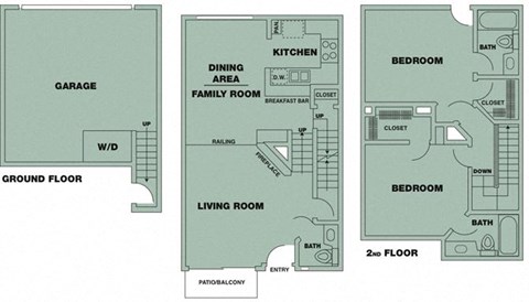Floor plan for 2 beds, 2.5 baths, 1040 sqft
