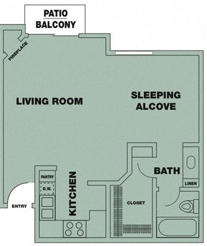 Floor plan for studio, 1 bath, 530 sqft