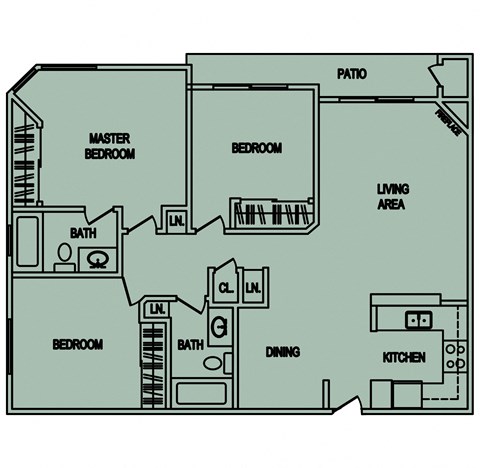 Floor plan for 3 beds, 2 baths, 1110 sqft