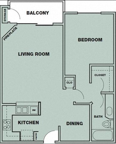 Floor plan for 1 bed, 1 bath, 691 sqft