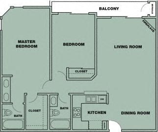 Floor plan for 2 beds, 2 baths, 991 sqft