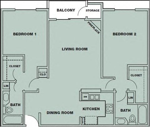 Floor plan for 2 beds, 2 baths, 1029 sqft