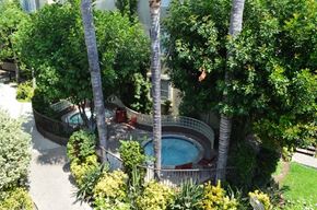 Burbank apartment for rent - an aerial view of a swimming pool and trees