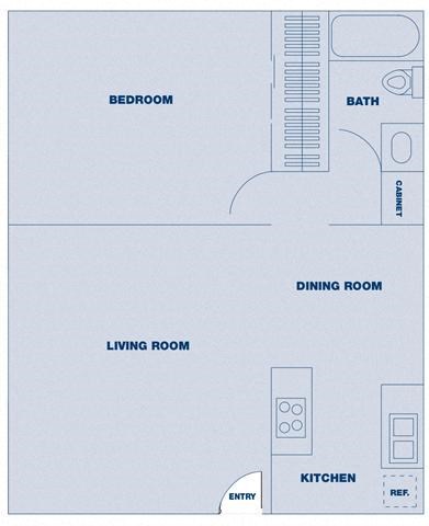 Floor plan for 1 bed, 1 bath, 630 sqft