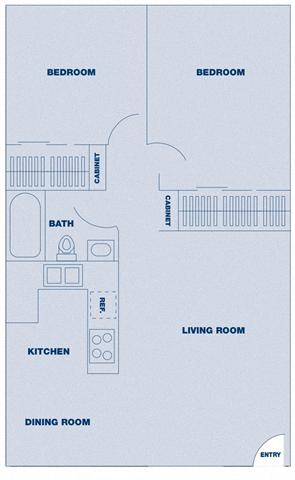 Floor plan for 2 beds, 1 bath, 700 sqft