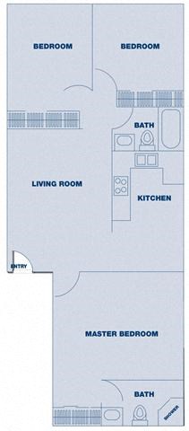 Floor plan for 3 beds, 2 baths, 916 sqft