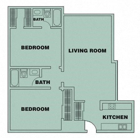 Floor plan for 2 beds, 2 baths, 1070 sqft