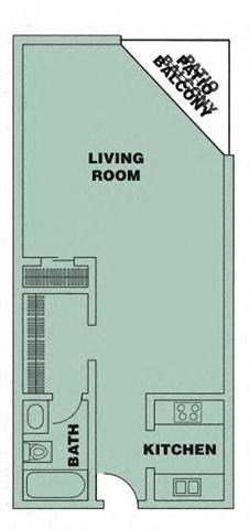 Floor plan for studio, 1 bath, 635 sqft