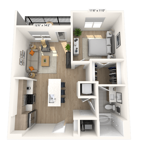 Floor plan for 1 bed, 1 bath, 669 sqft