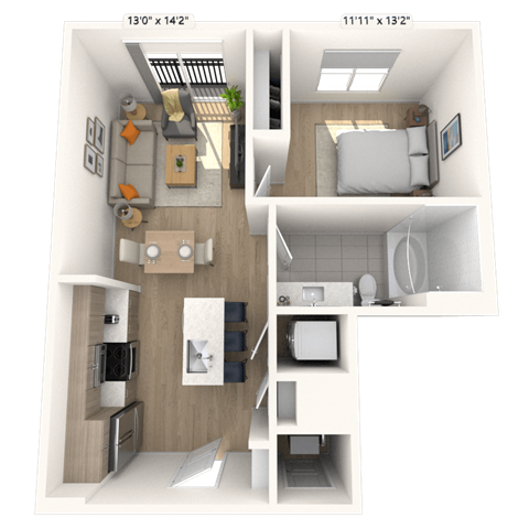 Floor plan for 1 bed, 1 bath, 625 sqft