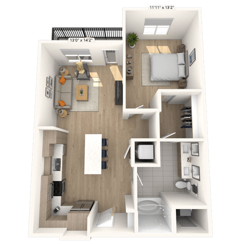Floor plan for 1 bed, 1 bath, 744 sqft
