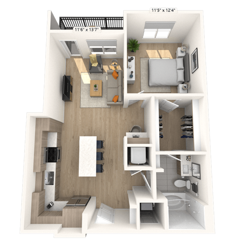 Floor plan for 1 bed, 1 bath, 801 sqft