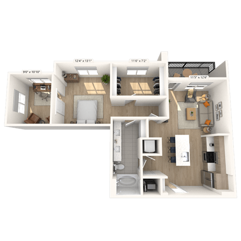 Floor plan for 1 bed, 1 bath, 952 sqft