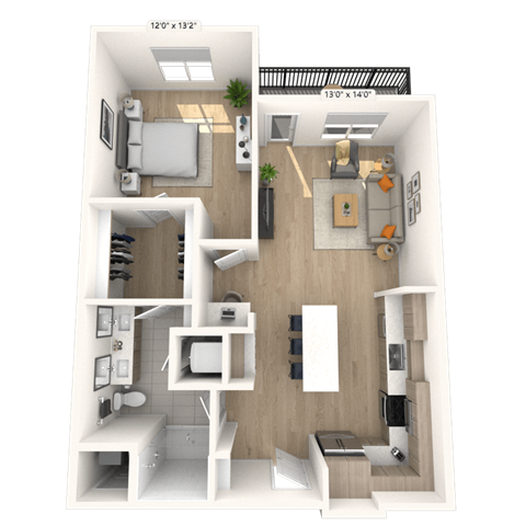 Floor plan for 1 bed, 1 bath, 856 sqft