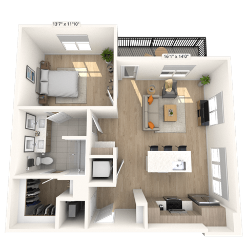 Floor plan for 1 bed, 1 bath, 831 sqft