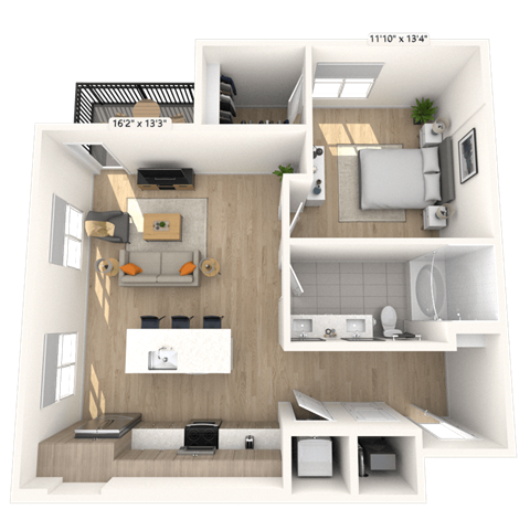 Floor plan for 1 bed, 1 bath, 857 sqft