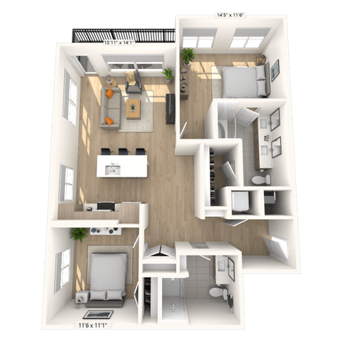 Floor plan for 2 beds, 2 baths, 1170 sqft