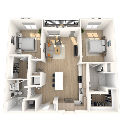 Floor plan for 2 beds, 2 baths, 1205 sqft