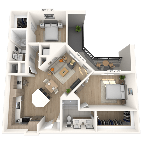 Floor plan for 2 beds, 2 baths, 1241 sqft