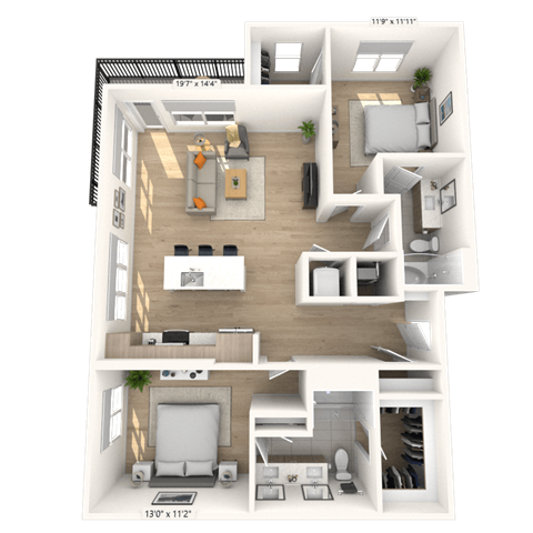 Floor plan for 2 beds, 2 baths, 1270 sqft