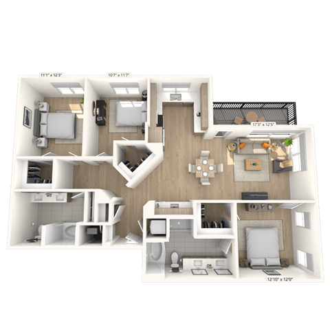 Floor plan for 3 beds, 2 baths, 1517 sqft