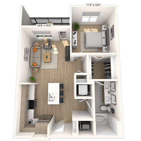 Floor plan for 1 bed, 1 bath, 759 sqft