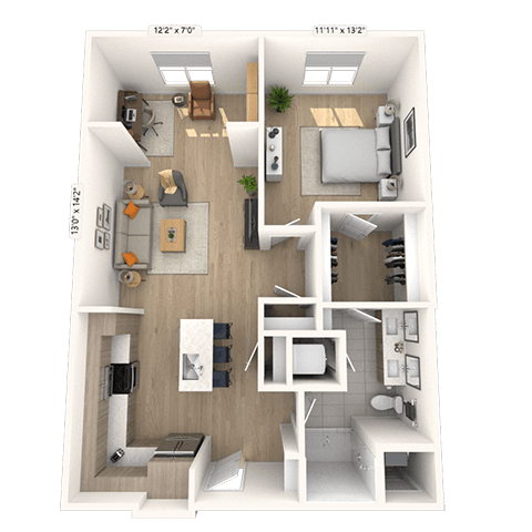 Floor plan for 1 bed, 1 bath, 929 sqft