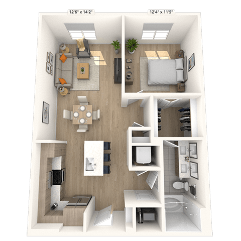 Floor plan for 1 bed, 1 bath, 832 sqft