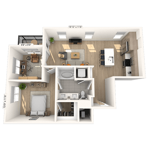 Floor plan for 1 bed, 1 bath, 957 sqft