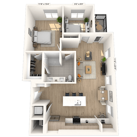Floor plan for 1 bed, 1 bath, 1058 sqft