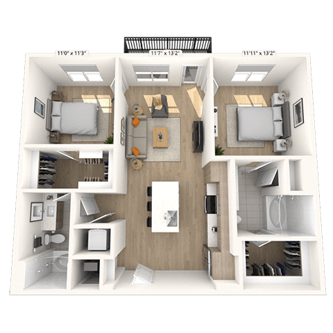 Floor plan for 2 beds, 2 baths, 1058 sqft