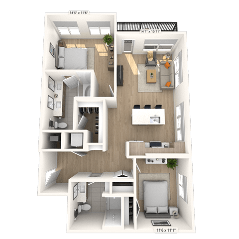 Floor plan for 2 beds, 2 baths, 1085 sqft