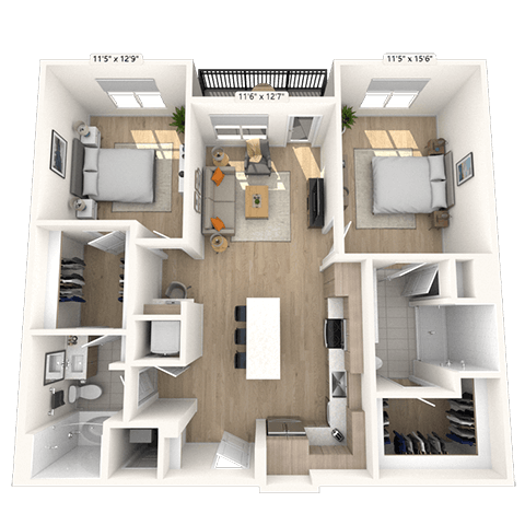 Floor plan for 2 beds, 2 baths, 1153 sqft