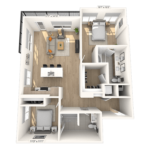 Floor plan for 2 beds, 2 baths, 1239 sqft