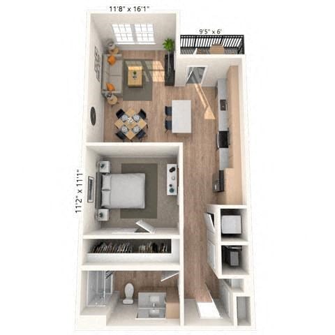 Floor plan for 1 bed, 1 bath, 713 sqft