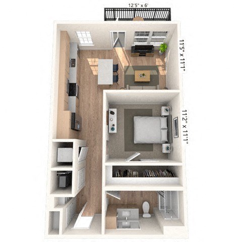 Floor plan for 1 bed, 1 bath, 642 sqft