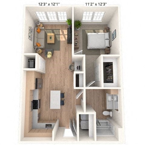 Floor plan for 1 bed, 1 bath, 739 sqft