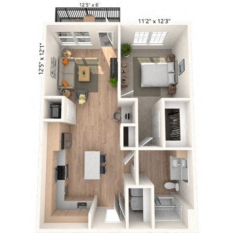 Floor plan for 1 bed, 1 bath, 760 sqft