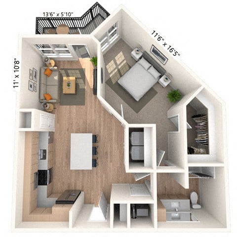 Floor plan for 1 bed, 1 bath, 774 sqft