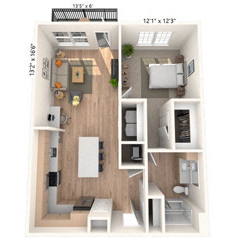 Floor plan for 1 bed, 1 bath, 834 sqft
