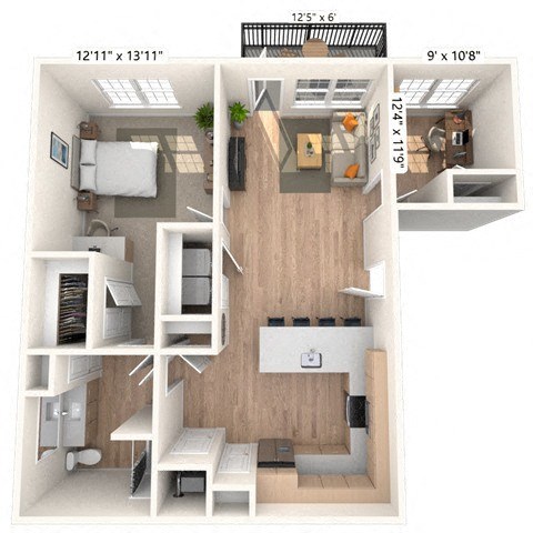 Floor plan for 1 bed, 1 bath, 937 sqft